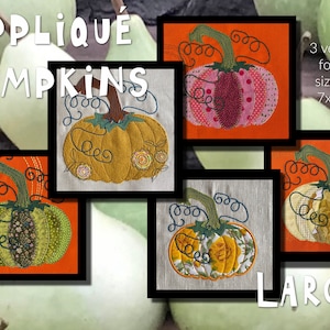 May include: Applique pumpkin embroidery designs in three sizes: 6x6 inches, 7x7 inches, and 8x8 inches. The designs feature a variety of colors and patterns, including yellow, green, and pink.