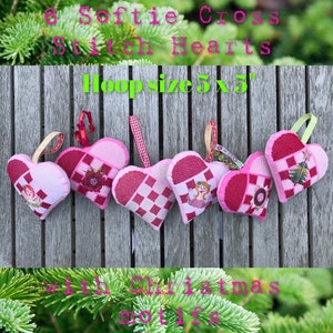 6 Softie Cross Stitch ITH Hearts with Christmas motifs - Hand drawn cross stitch machine embroidery designs with detailed Christmas motifs
