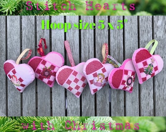 6 Softie Cross Stitch ITH Hearts with Christmas motifs - Hand drawn cross stitch machine embroidery designs with detailed Christmas motifs
