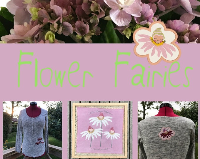 LITTLE FLOWER FAIRIES - 4 different Motifs with texts in more sizes + a cute little patch for the back of your projects, Instant download