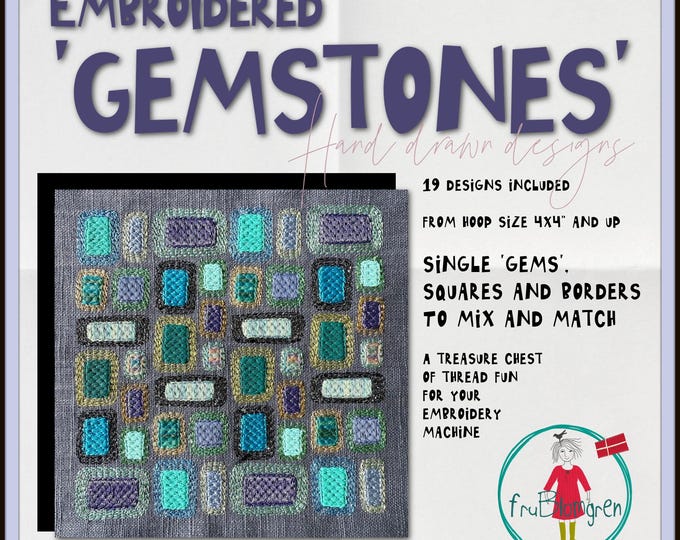 Embroidered 'Gemstones' - Machine Embroidery Designs | Hand Drawn | Mix & Match, Single Gems, Squares and Borders | 19 Designs | fruBlomgren