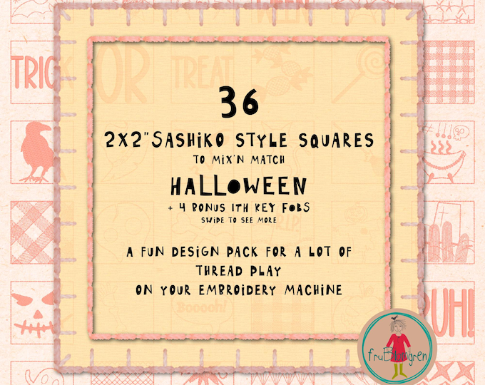 HALLOWEEN themed Machine Embroidery, Sashiko Style Squares – Hand Drawn 2x2" motifs and word Designs + 5 Key Fobs ITH + fitting grids