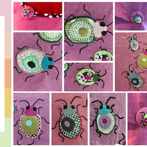 Peut inclure: Un collage de motifs de bug brodés colorés sur du tissu. Les bugs sont de différentes couleurs, notamment rose, vert, bleu et jaune. Le texte "COLOURFUL BUGS" est écrit verticalement sur le côté gauche de l'image.