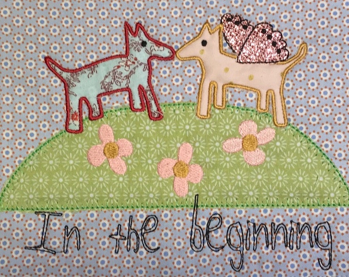 IN THE BEGINNING there was the Tree of Wisdom, and maybe also flying dogs... 4 machine embroidery 5 x 7" motifs, 3 bigger + a quilt label