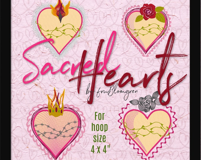 4 "Sacred Hearts" by fruBlomgren - Machine Embroidery and Appliqué designs for hoop size 4 x 4" - 10 x 10 cm, 4 variants
