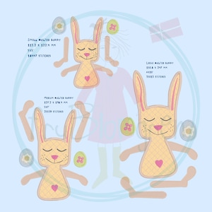 Puede incluir: Tres dise&ntilde;os de bordado de conejito acolchado en diferentes tama&ntilde;os: peque&ntilde;o, mediano y grande. Cada conejito es amarillo con una nariz rosa, ojos cerrados y un coraz&oacute;n rosa en el pecho. Los dise&ntilde;os incluyen medidas en mil&iacute;metros y puntadas.