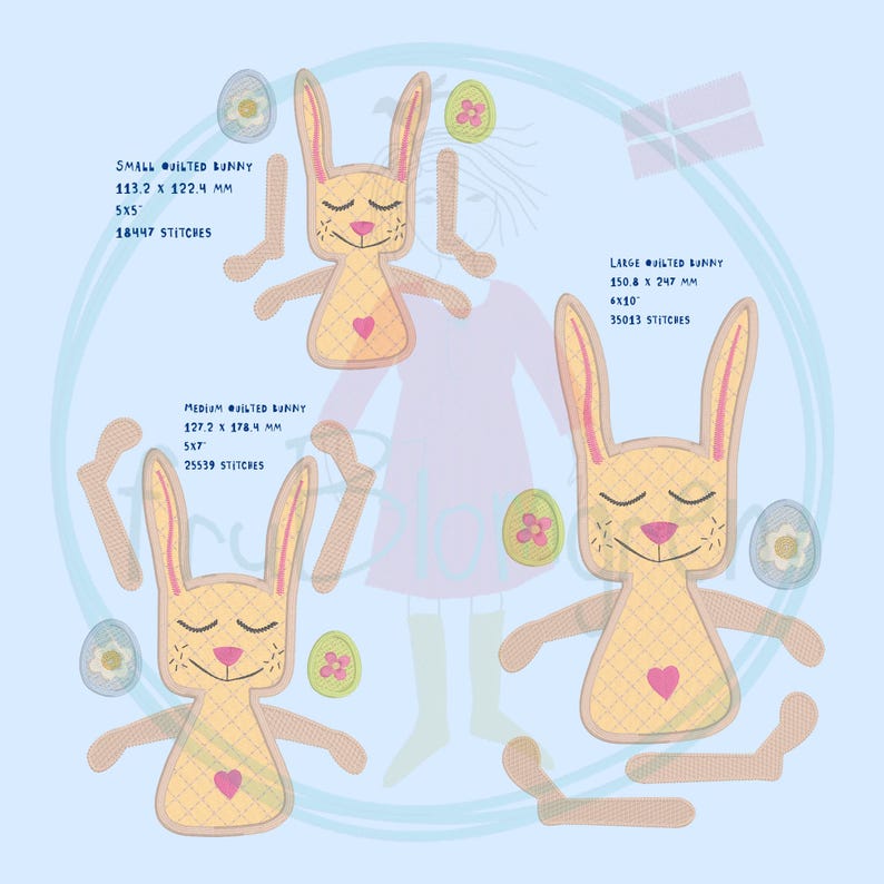 Puede incluir: Tres dise&ntilde;os de bordado de conejito acolchado en diferentes tama&ntilde;os: peque&ntilde;o, mediano y grande. Cada conejito es amarillo con una nariz rosa, ojos cerrados y un coraz&oacute;n rosa en el pecho. Los dise&ntilde;os incluyen medidas en mil&iacute;metros y puntadas.