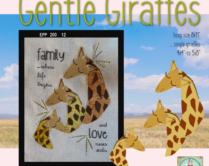Gentle Giraffes - 3 machine embroidery designs with my hand drawn Giraffes, which is a mix of appliqué and embroidery - for hoop size 8x11"