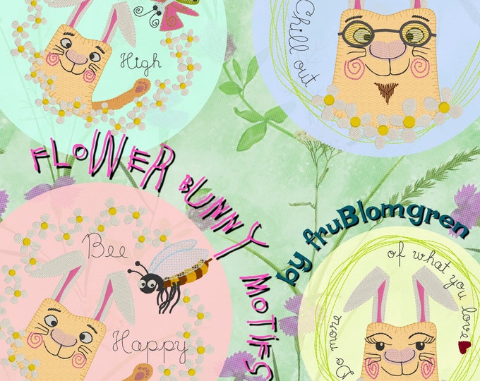 6 CUTE Flower Bunny Motifs for all kinds of sweet projects, Hand drawn designs, Unique motifs, for the 5 x 5" and 8 x 8" hoop