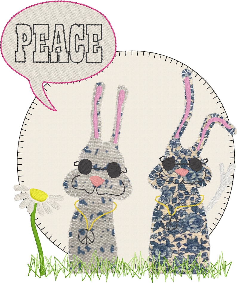 PEACE love and harmony Whimsical and cute Machine Embroidery Designs with my HIPSTER BUNNIES bringing Peace, 4 designs included image 3