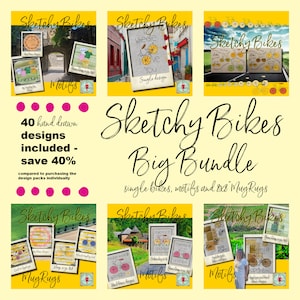 May include: A yellow and red digital download bundle for embroidery designs featuring 40 hand-drawn designs of bicycles, motifs, and mug rugs. The text "Sketchy Bikes Big Bundle" is in the center of the image.