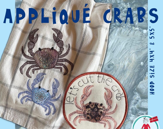 Hand drawn appliqué CRABS - 2 sizes, a motif of two crabs and a whimsical patch: "Cut the crab!" - For hoop 4x4" & 5x8"- Machine Embroidery
