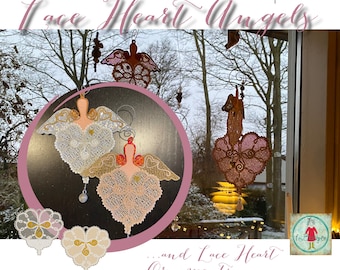 6x6" Freestanding Lace Heart Angels and Heart Ornaments to make on your embroidery machine - 4 delicate Hand drawn designs for hoop 16x26 cm