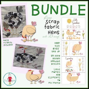Pacote de Retalhos de Tecido com Galinhas 8x11" – 19 Desenhos de Apliques Feitos à Mão | Motivos Grandes, Flores e Texto | Bordado à Máquina