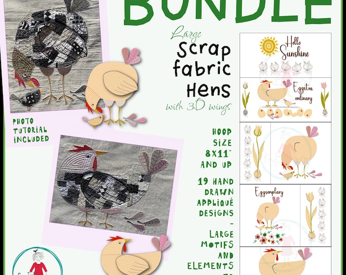 Scrap Fabric Hens Bundle 8x11" – 19 Hand Drawn Appliqué Designs | Large Motifs, Flowers & Text | Machine Embroidery