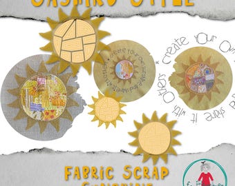 4 Fabric Scrap  Collage designs - Sashiko Style - Sunshine