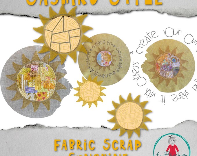4 Fabric Scrap  Collage designs - Sashiko Style - Sunshine - cute and fun to make sunshine designs - make your own and share it with others