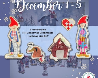 Hand-Drawn ITH Christmas Ornaments 1–5 | 5x7 Hoop | Danish Nisser, Dog, Doghouse & Danish Heart | Machine Embroidery Files