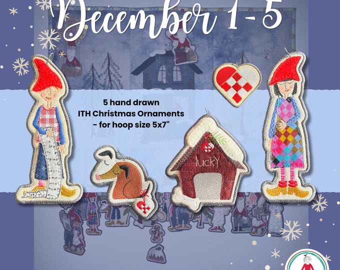 Hand-Drawn ITH Christmas Ornaments 1–5 | 5x7 Hoop | Danish Nisser, Dog, Doghouse & Danish Heart | Machine Embroidery Files
