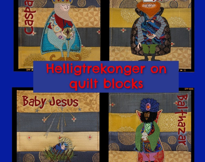 The Three Wisemen and Baby Jesus for machine embroidery - handdrawn, appliqué designs for hoop size 5x7 and for 8x8 on strip quilt blocks