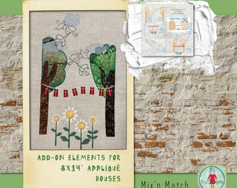 Appliqué and Embroidery Add-on Elements for my 8x14" Raw edge Appliqué Houses - 6 designs included: motif, garland, daisies, birds and trees