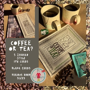 Café ou chá? – 5 cartões ITH + 5 versões em branco – Bordado à máquina – Pausa para o café – Hora do chá – Estilo Sashiko – fruBlomgren
