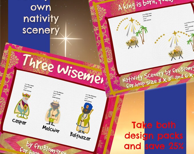 Build a Nativity Scene - for hoop size 6 x 10" and 8 x 8" - 2 cute motif with baby Jesus + the 3 Wisemen as beautiful appliqué designs