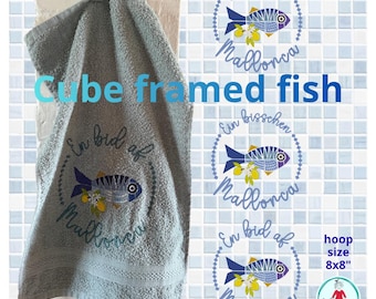 Cube Framed Fish, Mallorca Machine Embroidery Designs, 8x8 Hoop, Fish Towel Embroidery, Summer Sea Embroidery