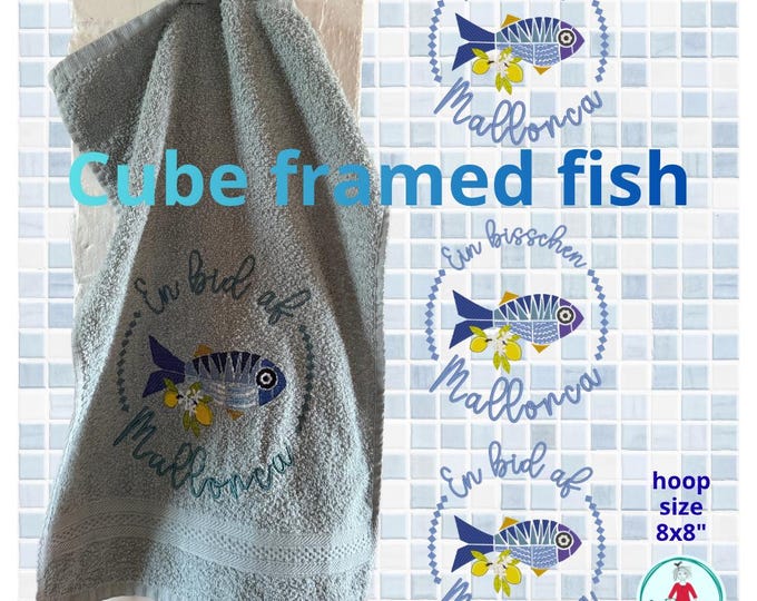 Cube Framed Fish, Mallorca Machine Embroidery Designs, 8x8 Hoop, Fish Towel Embroidery, Summer Sea Embroidery