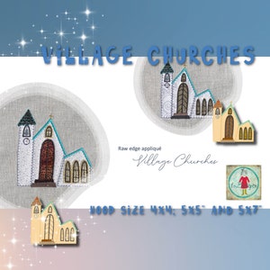 May include: A set of three embroidery patterns for village churches. The patterns are for raw edge appliqué and are available in three hoop sizes: 4x4, 5x5, and 5x7 inches.
