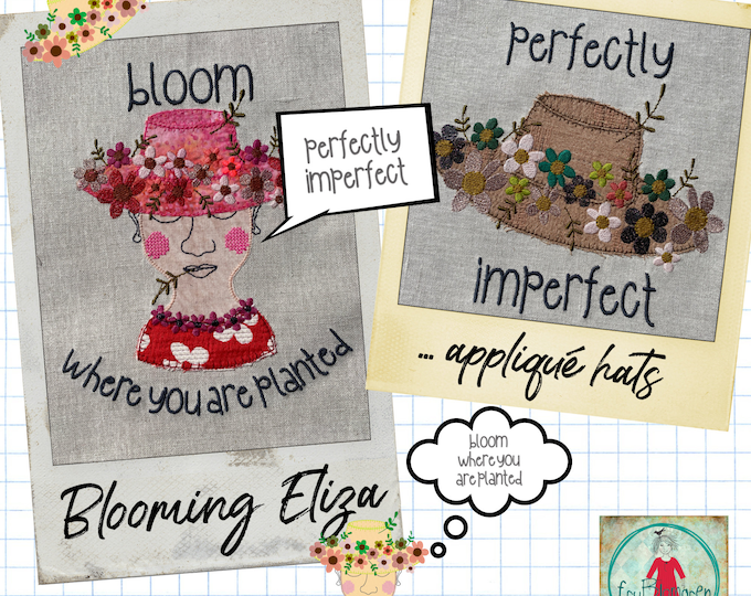 Blooming sun hats, a mix of appliqué and embroidery and my flower girl Eliza with flower hat. Cute and hand drawn designs for flower lovers