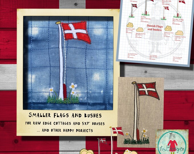 Smaller appliqué flags and appliqué Bushes - to make on your embroidery machine - flags on flagpoles - more variants - hoop size 4x4 & 5x7