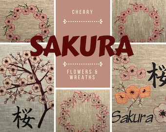 SAKURA, Cherry Blossoms, Cherry Flowers in different sizes and beautiful Flower Wreaths, 13 machine embroidery designs
