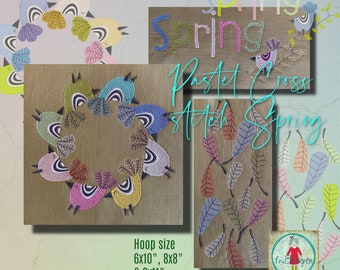 Pastel Cross stitch designs for your embroidery machine - A beautiful Bird Center piece, feathers and the text Spring with a cute bird