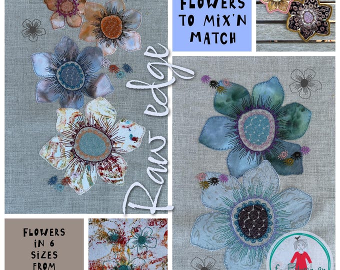 Raw Edge Applique Flowers, 15 Machine Embroidery Designs, Patches, 3x3 to 8x8