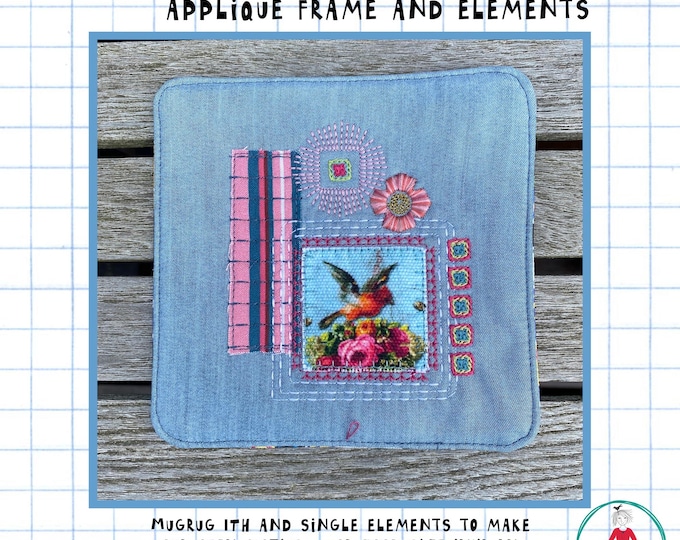 Small Pack – MugRug with Appliqué Square and Rectangle – Sashiko Style and Matching Flowers | Mix'n Match Elements | Hoop Size 4x4, 5x7, 6x6