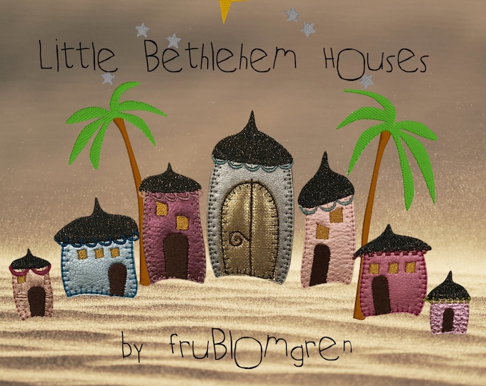 Appliqué Bethlehem Houses for making nativity motifs, Handdrawn designs - 7 little appliqué houses, Palm trees and stars - build Bethlehem