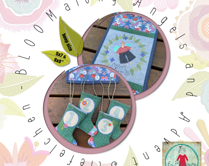 Angels - Flower angels - BLOOMalong 4 -  2 detailed motifs: Welcome and Merry Christmas motif + 4 cosy ITH Advent stockings - 5x7" and 8x8"