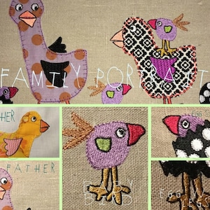May include: A family portrait of embroidered birds with the words "FAMILY PORTRAIT" above them. The mother bird is purple with brown polka dots, the father bird is black and white with a geometric pattern, and the baby bird is purple with green accents. The text "MOTHER", "FATHER", and "BABY BIRD" are below the birds.
