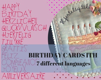 BIRTHDAY CARDS ITH - Machine embroidery designs with delicious layered cakes Danish Style - 7 different languages - tutorial included