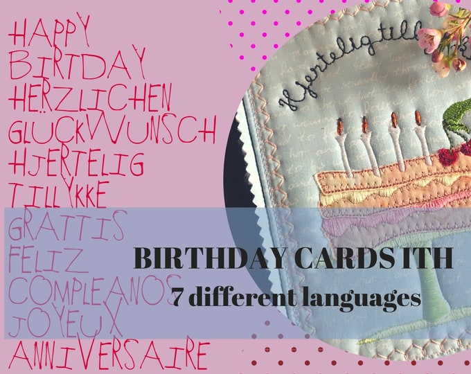BIRTHDAY CARDS ITH - Machine embroidery designs with delicious layered cakes Danish Style - 7 different languages - tutorial included