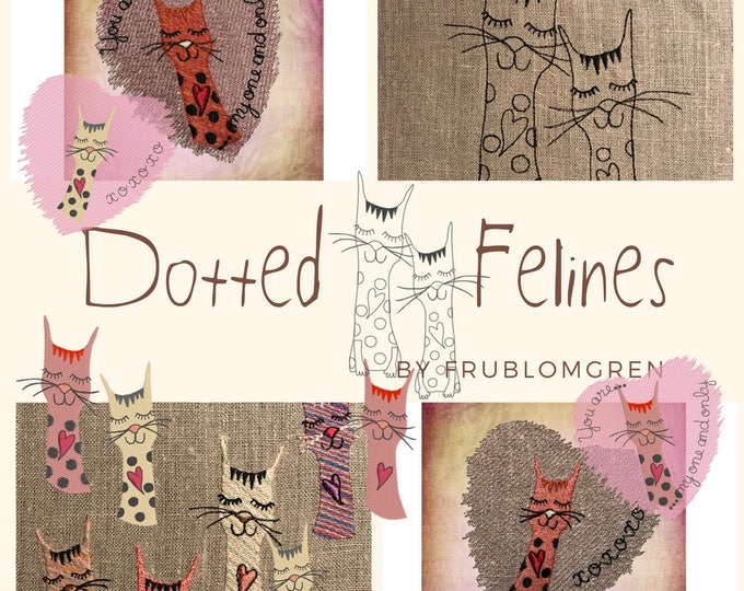 DOTTED FELINES - Slim, elegant Cats with dots - very smart, 7 Machine Embroidery Designs, Instant Download