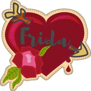 May include: A red heart with a stitched border, pierced by an arrow with a gold tip. The heart has the word "Frida" written across it in black. A red rose with green leaves is at the bottom of the heart.
