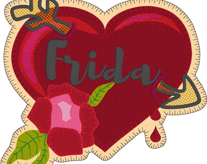 APPLIQUE TATTOO HEARTS and Patches with the name Frida, 8 Cool Machine Embroidery Designs in different sizes and various edges
