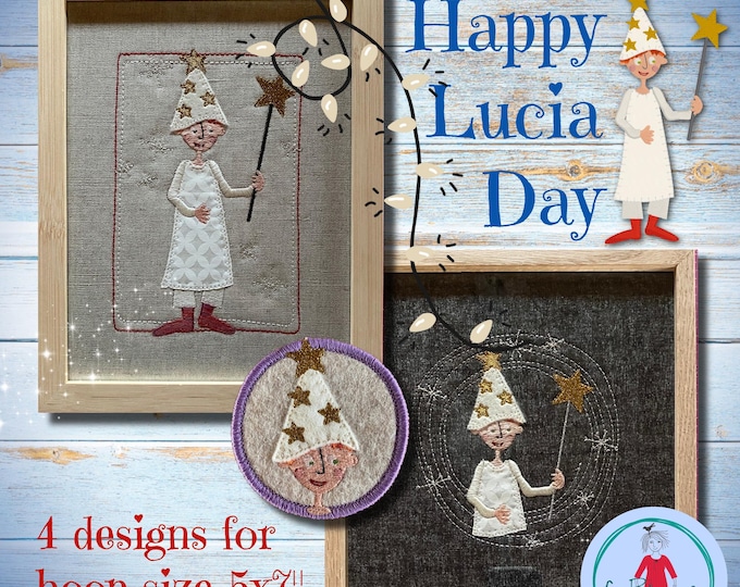 Star Boy for Lucia Day: 4 Hand-drawn Machine Embroidery Appliqué Designs for hoop size 5x7". Perfect for Lucia Day and Christmas!