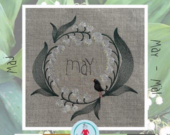 May Wreath with Lily of the Valley - 5th in series - Hand drawn Machine Embroidery Design - 2 variants - 8x8" hoop - language variations inc