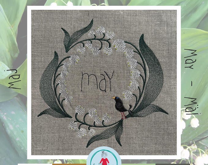 May Wreath with Lily of the Valley - 5th in series - Hand drawn Machine Embroidery Design - 2 variants - 8x8" hoop - language variations inc