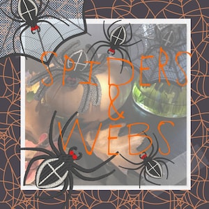 May include: A close-up of a Halloween-themed image with the text "Spiders & Webs" in orange. The image features several black spiders with red eyes and white cross markings on their backs. The spiders are on a background of a spider web pattern.