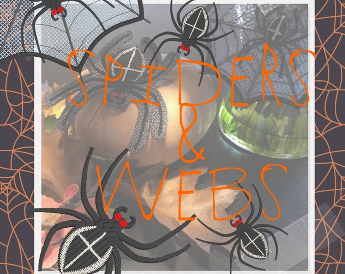 FSL Spiders and Webs, LOTS of Spiders, 13 red-eyed black spiders for Halloween, or just because, Freestanding Lace Spiders and Webs + more