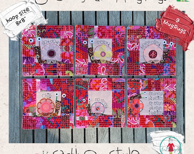 9 ITH MugRugs with Whimsical Flower Snails and Sayings – Log Cabin + Sashiko Style for 8x8" Hoops – Fun & Happy Embroidery - Gift Ideas DIY